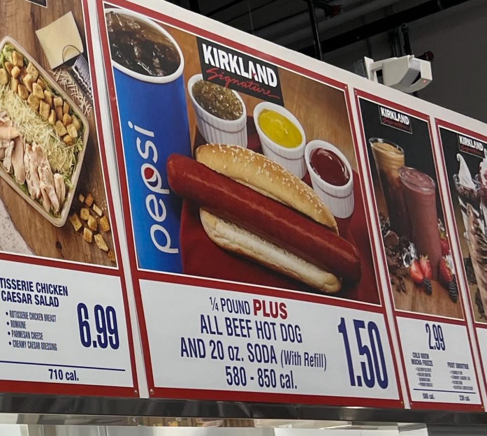 The menu price for Costco's hot dog-and-soda combo at the food court of the new Costco at One Daytona in Daytona, Florida, on the store's opening day, Feb. 22, 2024.