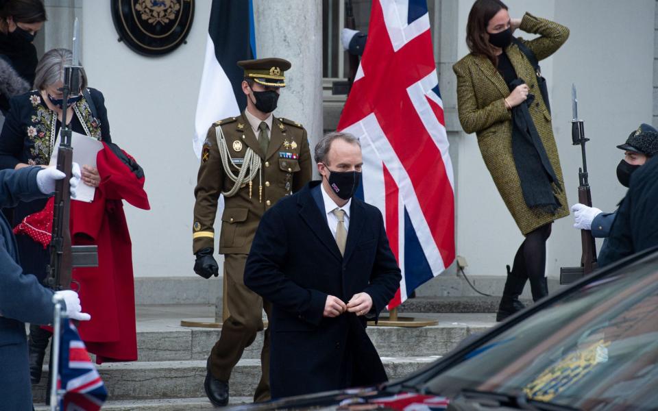 Britain's Foreign Secretary Dominic Raab leaving talks with Estonia's President in Tallinn on March 11 - RAIGO PAJULA /AFP