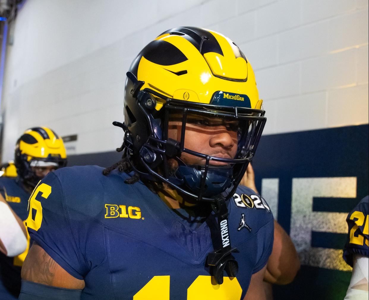 Jan 8, 2024; Houston, TX, USA; Michigan Wolverines linebacker Semaj Bridgeman (16) against the Washington Huskies during the 2024 College Football Playoff national championship game at NRG Stadium. Mandatory Credit: Mark J. Rebilas-USA TODAY Sports