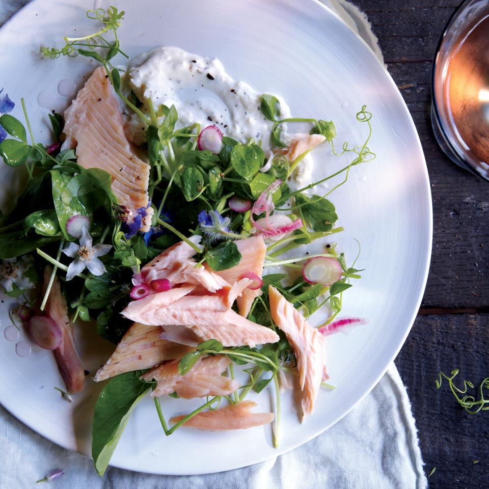 Smoked Trout with Pea Shoots and Spring Onions