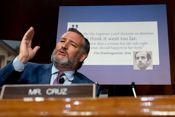 PHOTO: Sen. Ted Cruz speaks during a Senate Judiciary Committee Hearing to examine a post-Roe America, focusing on the legal consequences of the Dobbs decision, on Capitol Hill in Washington, D.C., July 12, 2022. (Andrew Harnik/AP, FILE)