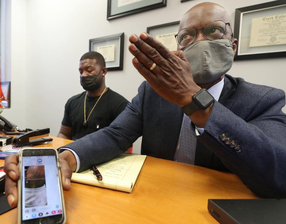 Attorney Eddie Sipplen in court representing Charles Hicks II, 26, who had snow shoved in his mouth by an Akron police officer during an arrest in February 2021.