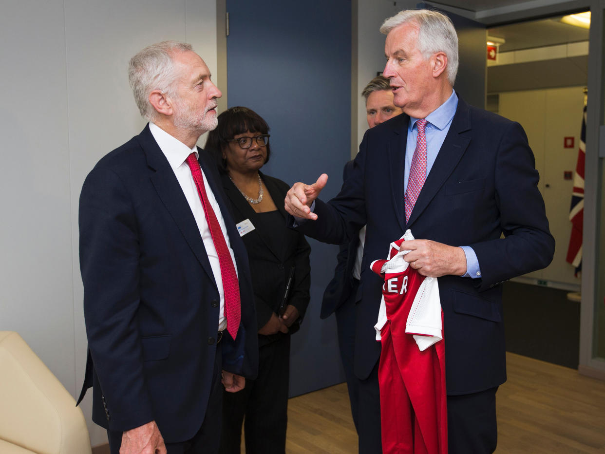 Jeremy Corbyn and Michel Barnier at a meeting earlier this year: AFP