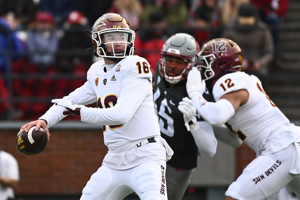 Nov 12, 2022; Pullman, Washington, USA; Arizona State Sun Devils quarterback Trenton Bourguet (16) throws a pass against the Washington State Cougars in the first half at Gesa Field at Martin Stadium.