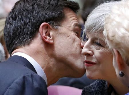 British Prime Minister Theresa May is greetd by Netherlands Prime Minister Mark Rutte at the EU summit in Brussels, Belgium, March 9, 2017. REUTERS/Yves Herman