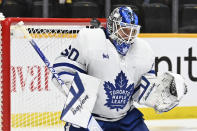 Toronto Maple Leafs goaltender Joseph Woll (60) defects a shot by the Nashville Predators off his shoulder pad during the second period of an NHL hockey game Sunday, March 26, 2023, in Nashville, Tenn. (AP Photo/Mark Zaleski)