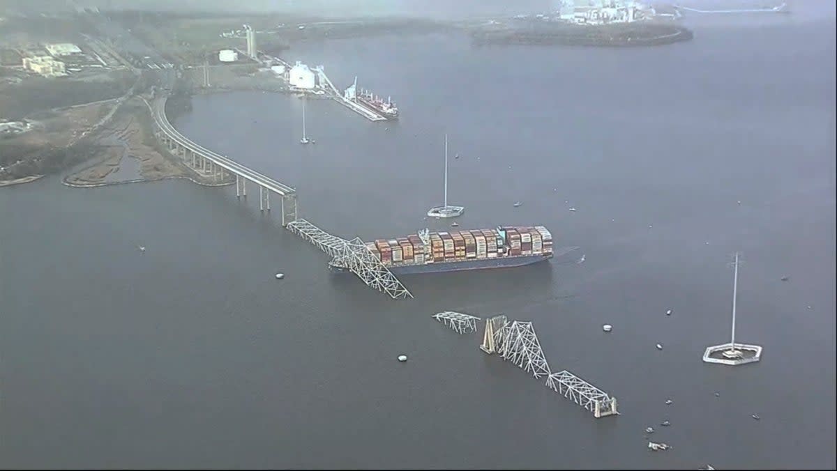 Parts of the Francis Scott Key Bridge remain after a container ship collided with one of the bridge’s support (AP)