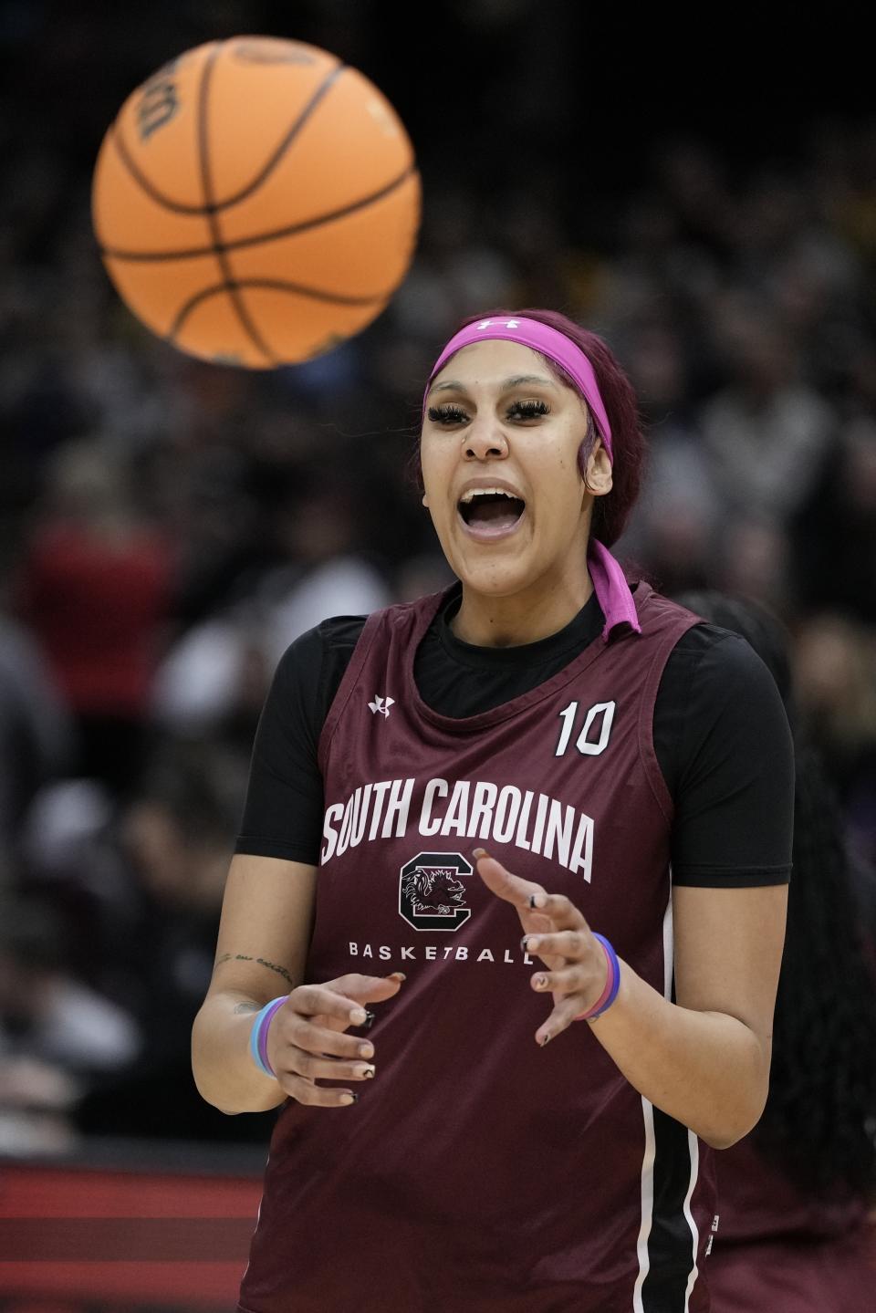 South Carolina's Kamilla Cardoso laughs during practice for the NCAA Women's Final Four championship basketball game Saturday, April 6, 2024, in Cleveland. (AP Photo/Morry Gash)