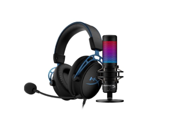 The HyperX QuadCast S microphone and HyperX Cloud Alpha S gaming headset on a white background.