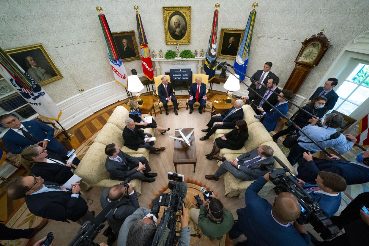 Dr. Anthony Fauci makes remarks as President Donald Trump and Louisiana Governor John Bel Edwards looks on in the Oval Office on April 29, 2020.  (Doug Mills/The New York Times via Getty Images)  