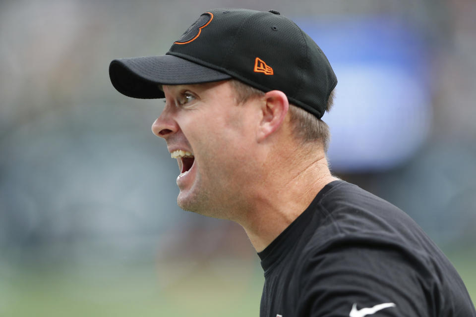 Cincinnati Bengals head coach Zac Taylor reacts towards the end of the second half of an NFL football game against the New York Jets, Sunday, Oct. 31, 2021, in East Rutherford, N.J. (AP Photo/Noah K. Murray)