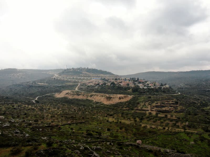 An aerial view shows Israeli homes on the outskirts of the settlement of Kedumim in the northern Israeli-occupied West Bank