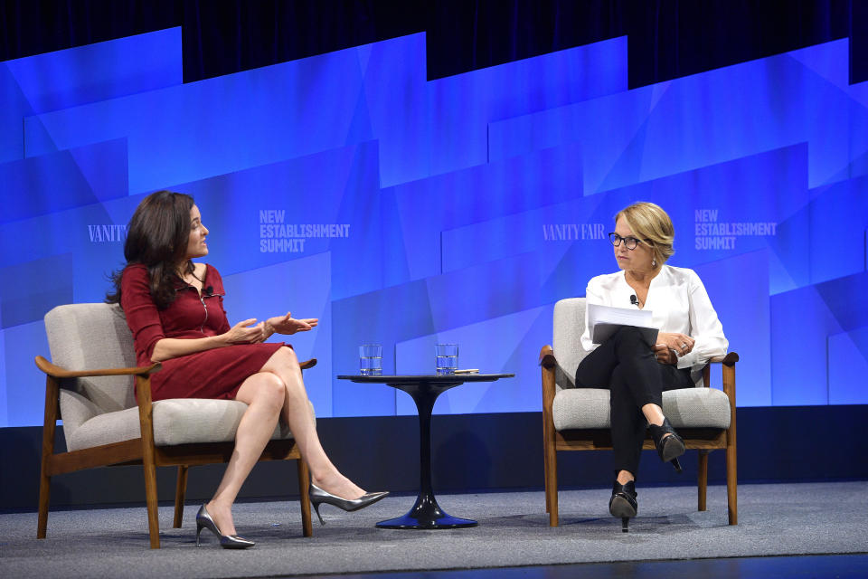 BEVERLY HILLS, CALIFORNIA - OCTOBER 22: (L-R) Sheryl Sandberg, COO of Facebook and Katie Couric speak onstage during 'Putting a Best Facebook Forward' at Vanity Fair's 6th Annual New Establishment Summit at Wallis Annenberg Center for the Performing Arts on October 22, 2019 in Beverly Hills, California. (Photo by Matt Winkelmeyer/Getty Images for Vanity Fair)