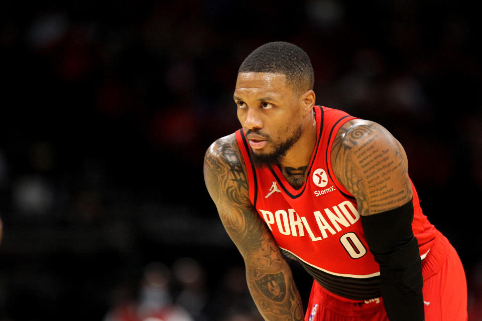 Nov 12, 2021; Houston, Texas, USA; Portland Trail Blazers guard Damian Lillard (0) during the first quarter against the Houston Rockets at Toyota Center. Mandatory Credit: Erik Williams-USA TODAY Sports