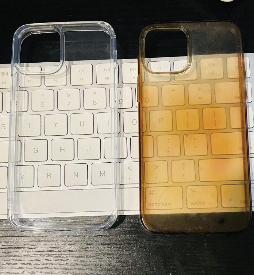 Both cases are clear, but the old one is a rusty beige