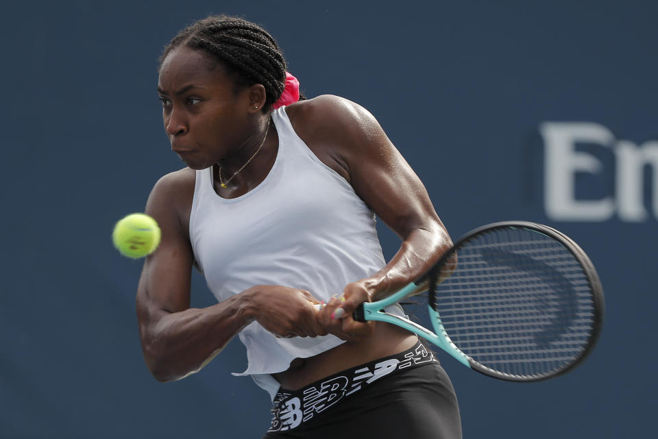 Coco Gauff returns a shot during a practice session for the US Open tennis championships, Friday, Aug. 26, 2022, in New York. (AP Photo/Julie Jacobson)