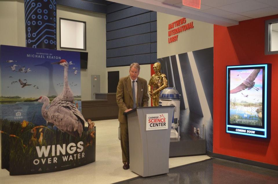 Charlie Potter, co-executive producer of "Wings Over Water," speaks at a showing of the film in Pittsburgh.