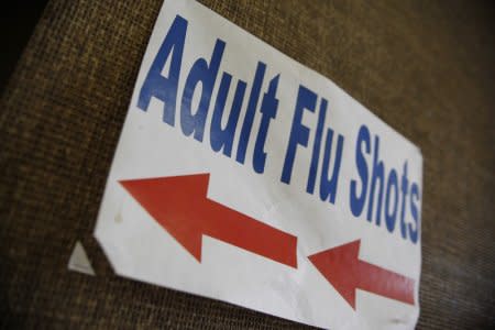 FILE PHOTO: A sign advertising adult flu shots adorns the wall inside the Dallas County Department of Health and Human Services building in Dallas, Texas April 24, 2009. REUTERS/Jessica Rinaldi