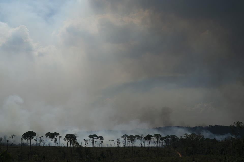 Fire consumes the Amazon rainforest in Altamira, Brazil, Tuesday, Aug. 27, 2019. Fires across the Brazilian Amazon have sparked an international outcry for preservation of the world's largest rainforest. (AP Photo/Leo Correa)