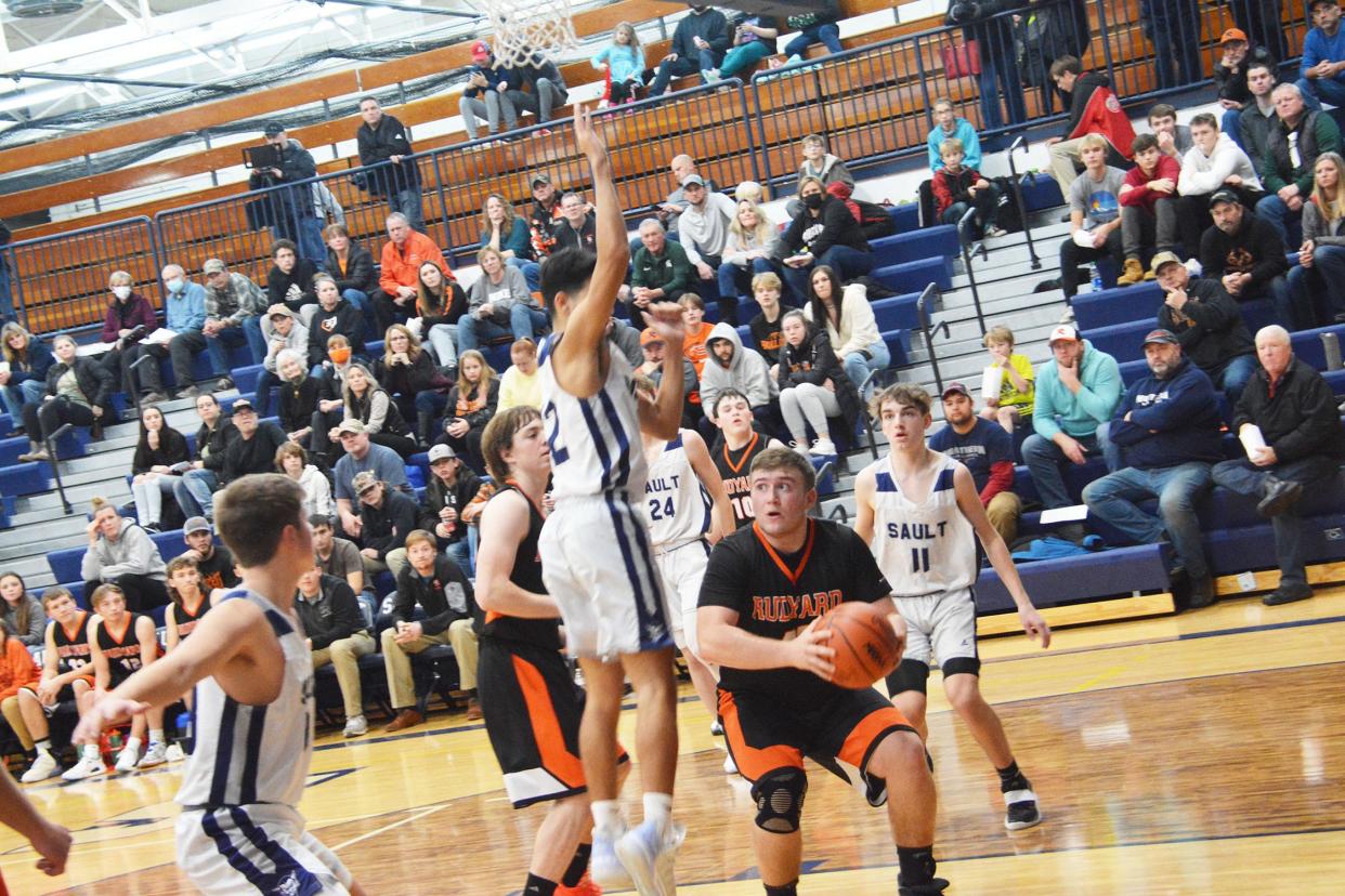 EJ Suggitt of Rudyard gets into the post during a game against Sault High this season. Rudyard continues as the No. 2 ranked team in the U.P. Division 4 boys basketball poll.