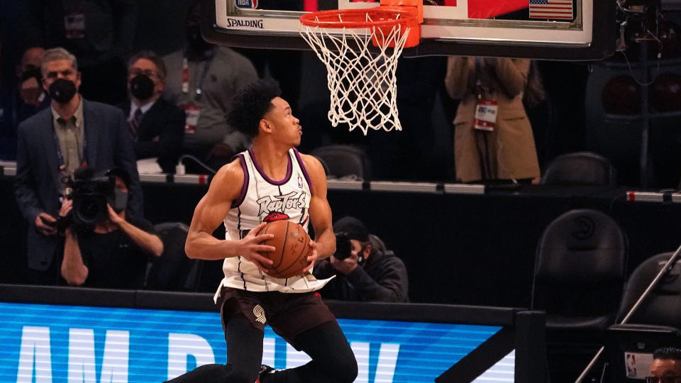 Anfernee Simons of the Portland Trail Blazers competes in the  AT&T Slam Dunk Contest during the 70th NBA All-Star Game at State Farm Arena in Atlanta, Georgia on March 7, 2021. (Photo by TIMOTHY A. CLARY / AFP) (Photo by TIMOTHY A. CLARY/AFP via Getty Images)