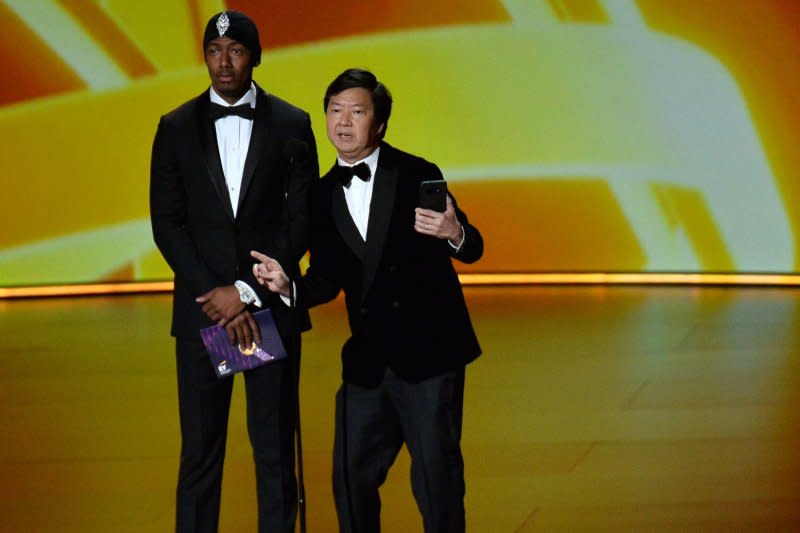 Nick Cannon (L) and Ken Jeong onstage during the Primetime Emmy Awards at the Microsoft Theater in downtown Los Angeles in 2019. File Photo by Jim Ruymen/UPI