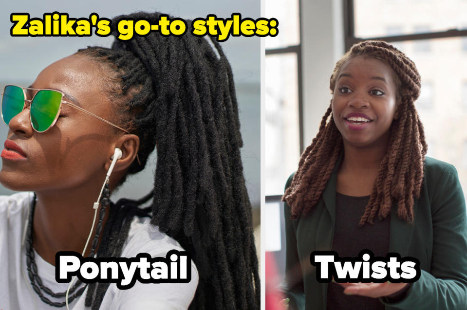 a black woman with locs in a ponytail, a black woman with her hair in twists