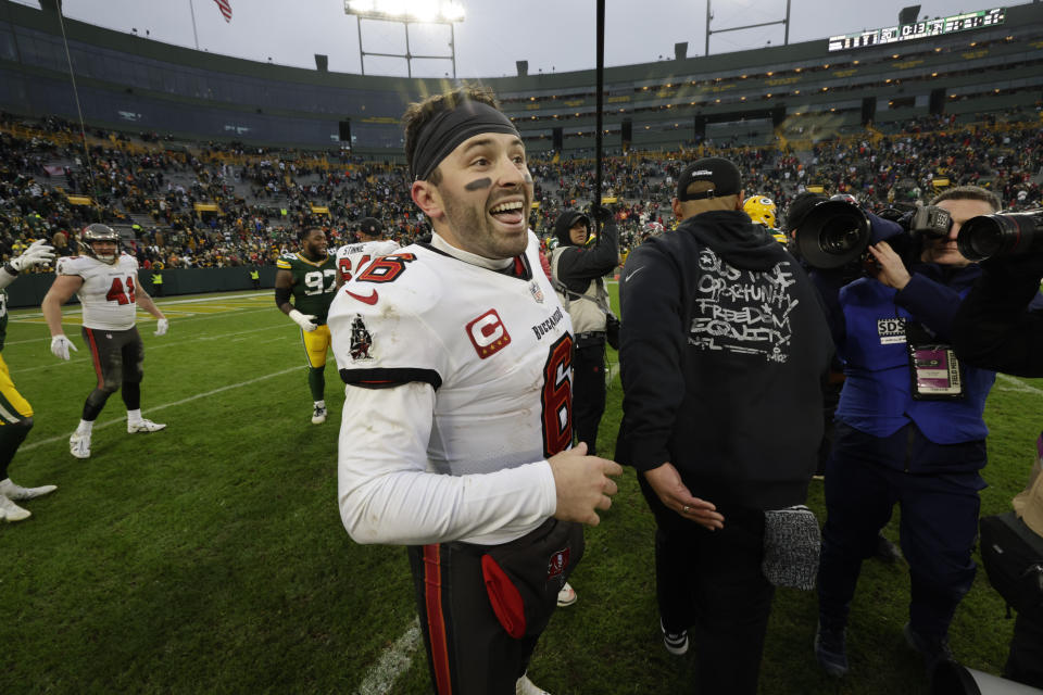 Baker Mayfield's NFL future was up in the air earlier this year. Now he's on the verge of leading the Buccaneers to the playoffs. (AP Photo/Mike Roemer)