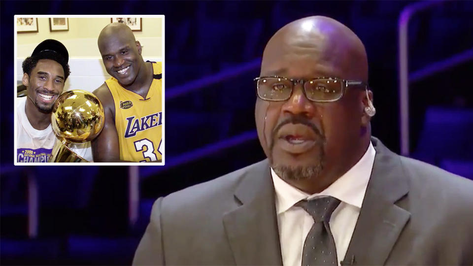 Seen here, Shaquille O'Neal chokes back tears talking about Kobe Bryant's death on TNT.