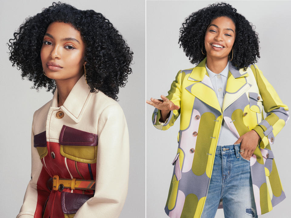 On left Yara Shahidi wears Prada Paneled Leather Jacket with Prada belt; on right Yara wears Miu Miu Jacket and knit shirt with vintage jeans. (Photographed by Christine Hahn; Styled by Christopher Kim)