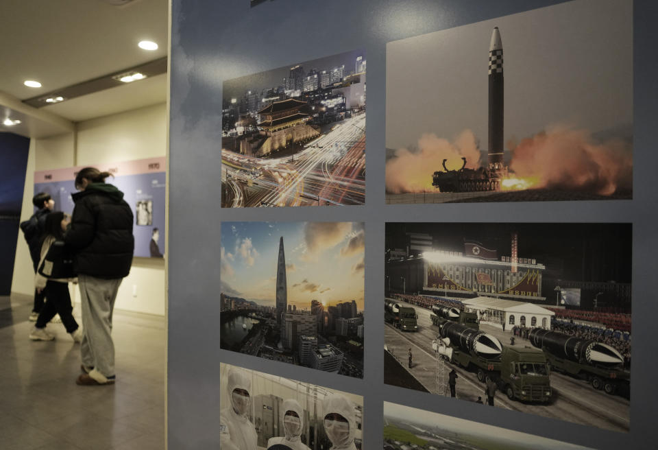 Photos showing North Korea's missiles, right, are displayed at the Unification Observation Post in Paju, South Korea, Wednesday, Jan. 10, 2024. North Korean leader Kim Jong Un has called South Korea "our principal enemy" and threatened to annihilate it if provoked, as he escalates his inflammatory, belligerent rhetoric against Seoul and the United States before their elections this year. (AP Photo/Ahn Young-joon)