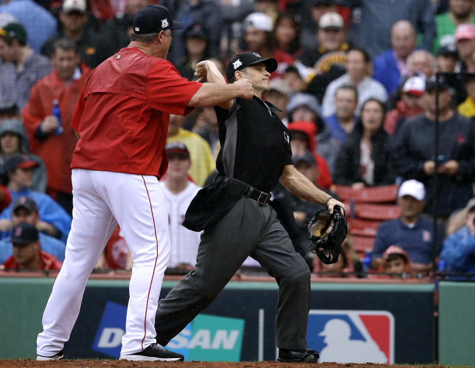 Red Sox manager John Farrell is ejected in the second inning of ALDS Game 4. (AP)