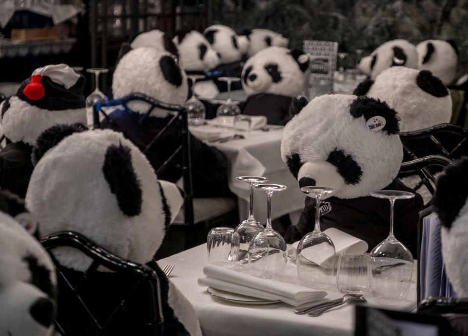 The owner of a closed restaurant has placed plush panda bears at the tables in central Frankfurt, Germany, Tuesday, Feb. 23, 2021, as Germany is still in a partiallockdown. (AP Photo/Michael Probst)