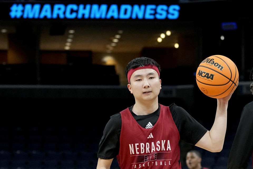 Nebraska guard Keisei Tominaga practices for the team's first-round college basketball game in the NCAA Tournament, Thursday, March 21, 2024, in Memphis, Tenn. (AP Photo/George Walker IV)