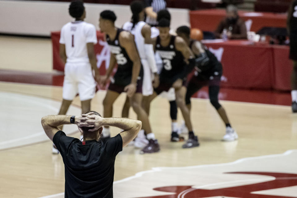 Alabama coach Nate Oats watches as the team tried to protect a 3-point lead in the final minute against Mississippi State in an NCAA college basketball game, Saturday, Jan. 23, 2021, in Tuscaloosa, Ala. (AP Photo/Vasha Hunt)