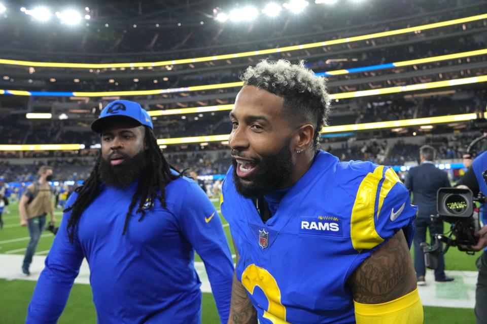 Los Angeles Rams wide receiver Odell Beckham Jr. (3) celebrates after an NFC wild card playoff soccer game against the Arizona Cardinals at SoFi Stadium.