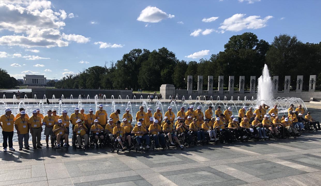 In this recent photo, Flag City Honor Flight sponsored more than 80 veterans who were honored with a one-day plane trip to the nation’s monuments and memorials. The event celebrates the brave men and women who served from the WWII, Korean and Vietnam war eras.