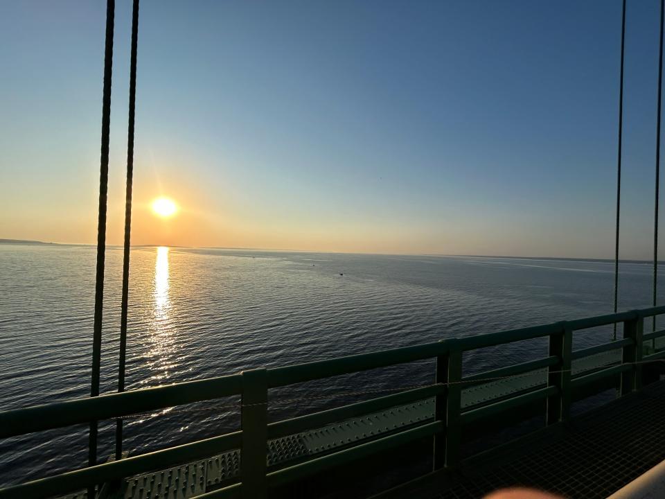 A view of the Mackinac Straits from the Mackinac Bridge during the 2023 Labor Day Bridge Walk.