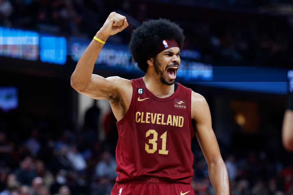 Cleveland Cavaliers center Jarrett Allen celebrates after a call during the second half of an NBA basketball game against the San Antonio Spurs, Monday, Feb. 13, 2023, in Cleveland. (AP Photo/Ron Schwane)