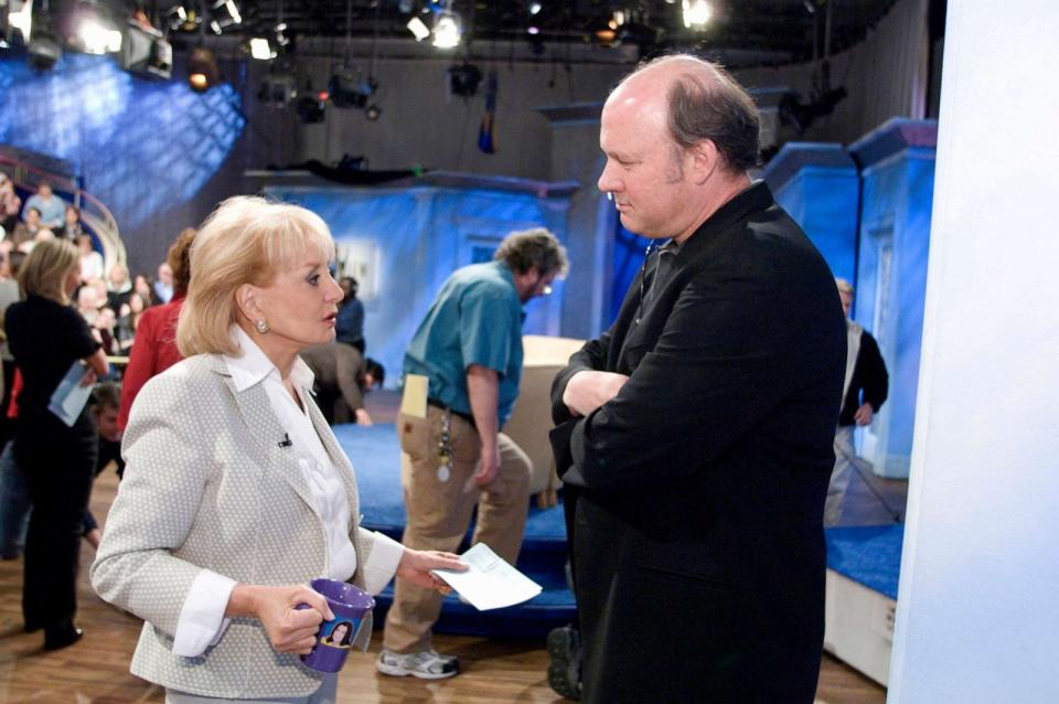 PHOTO: Barbara Walters and Bill Geddie on the set of 'The View,' April 11, 2007, in New York. (Steve Fenn/ABC)