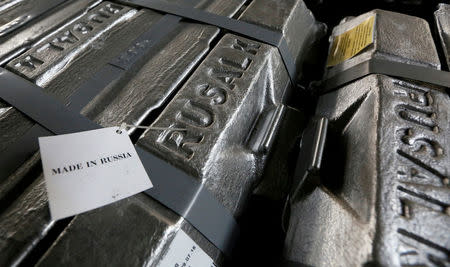 FILE PHOTO: Aluminium ingots are seen stored at the foundry shop of the Rusal Krasnoyarsk aluminium smelter in Krasnoyarsk, Siberia, July 27, 2016. REUTERS/Ilya Naymushin/File Photo