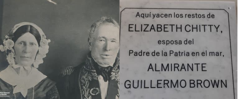 A la izquierda, Guillermo Brown junto a su esposa Elizabeth Chitty, c.1855; a la derecha, la placa que hoy se encuentra en la Plaza Primero de Mayo