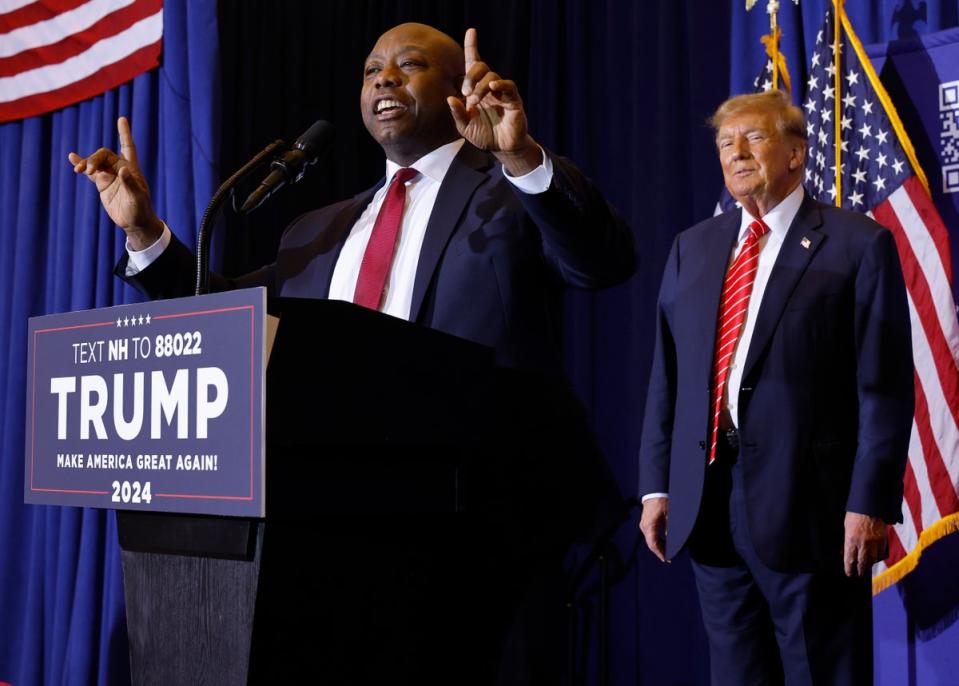 Senator Tim Scott speaks at a campaign rally for Donald Trump. The Senator told ABC News he stands by his decision to certify the 2020 election, despite Trump’s false claims it was rigged (Getty Images)