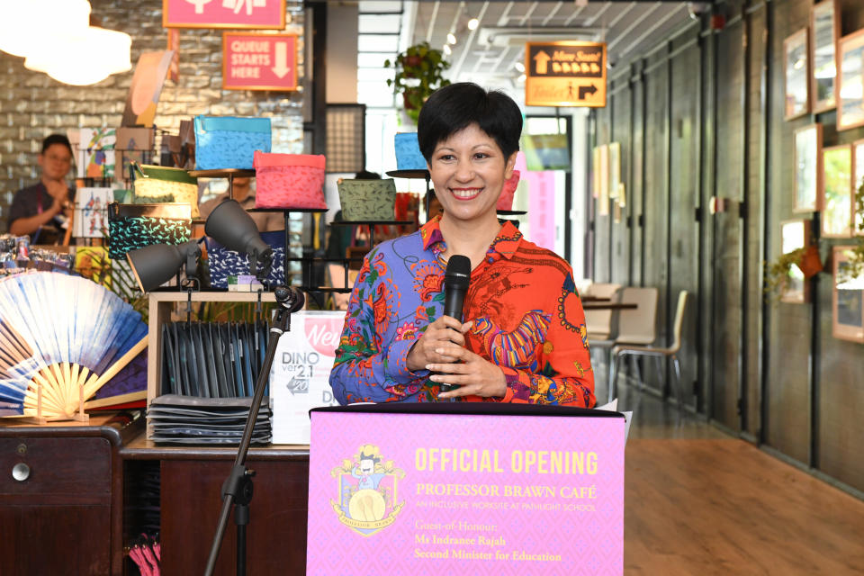 Indranee Rajah giving her speech at the launch of the Professor Brawn Cafe at its Ang Mo Kio permanent campus on 26 July, 2019. (PHOTO: Pathlight)