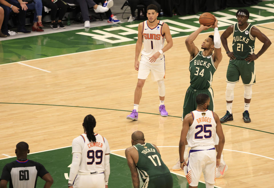 Giannis Antetokounmpo takes a free throw during the second half of Game 3 of the NBA Finals.