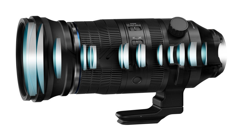 Cut-through image of the OM System M.Zuiko 150-600mm f/5.0-6.3 IS showing the lens elements inside