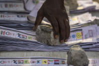 An electoral officer uses a stone to keep ballot papers from being blown away, as counting takes place at a polling station in Lagos, Nigeria Saturday, Feb. 25, 2023. Voters in Africa's most populous nation are heading to the polls Saturday to choose a new president, following the second and final term of incumbent Muhammadu Buhari. (AP Photo/Ben Curtis)