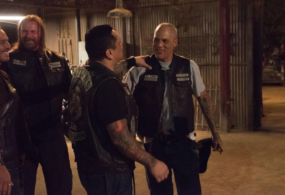 MAYANS M.C., from left: Raoul Max Trujillo, Rusty Coones, Frankie Loyal, David Labrava, ‘Cuervo/Tz’ikb’uul’, (Season 1, ep. 110, aired Nov. 6, 2018). photo: Prashant Gupta / © FX / Courtesy Everett Collection