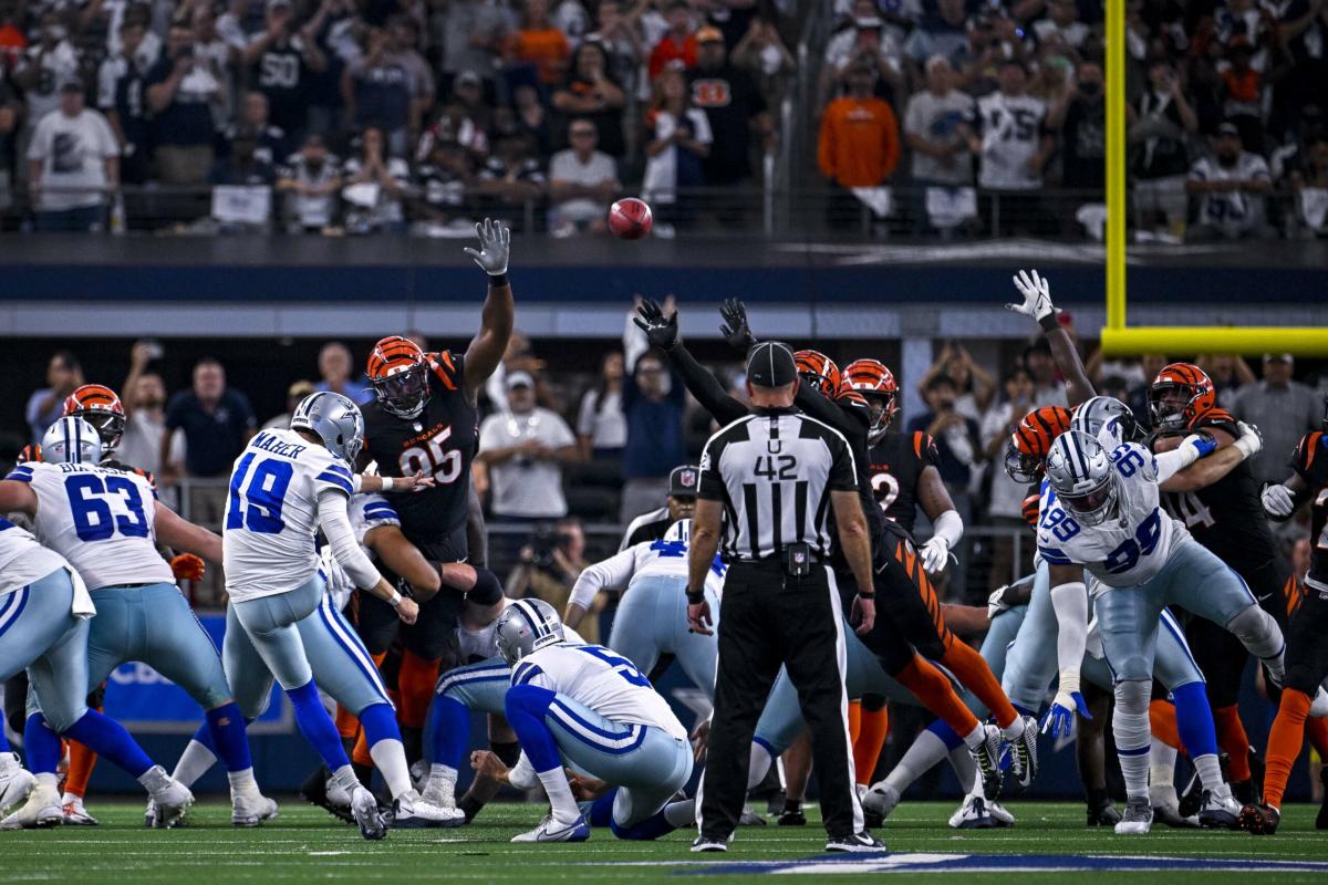 Dallas Cowboys place kicker Brett Maher (19) watches his game winning field  goal during the second half of an NFL football game against the Cincinnati  Bengals Sunday, Sept. 18, 2022, in Arlington