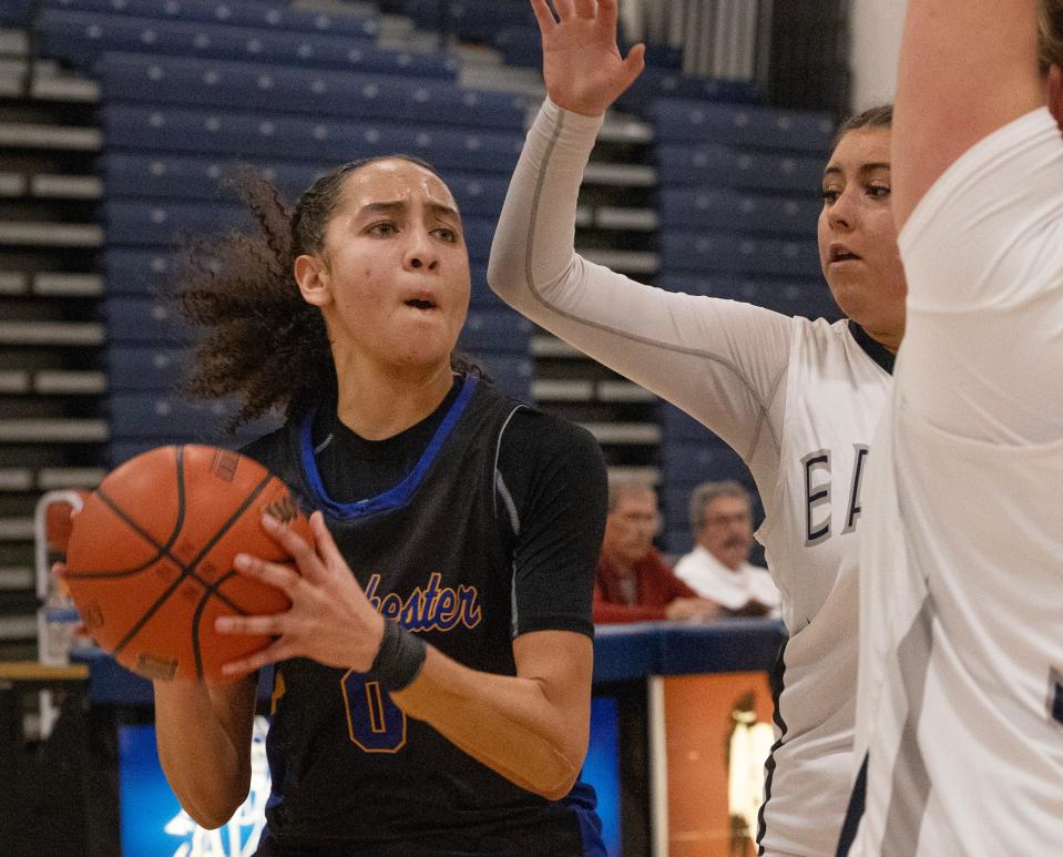 Manchester Devyn Quigley drives to the basket. Manchester Girls Basketball defeats Middletown South in 2023 WOBM Christmas Tournament opening round in Toms 
River on December 26, 2023.